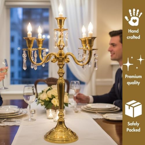Image of Premium 24 Inch Golden Aluminum 5-Arm Candle Stand with Crystal Hangings | Luxury Centerpiece for Home Decor, Weddings, Festive Decoration & Dining Table
