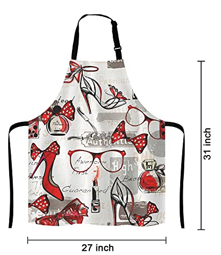 Lefolen Fashion Girl Apron, Watercolor Red Lipstick Perfumes High Heels In Vintage Background For Woman Unisex Kitchen Bib With Adjustable Neck For Cooking Gardening,Adult Size #TOP1