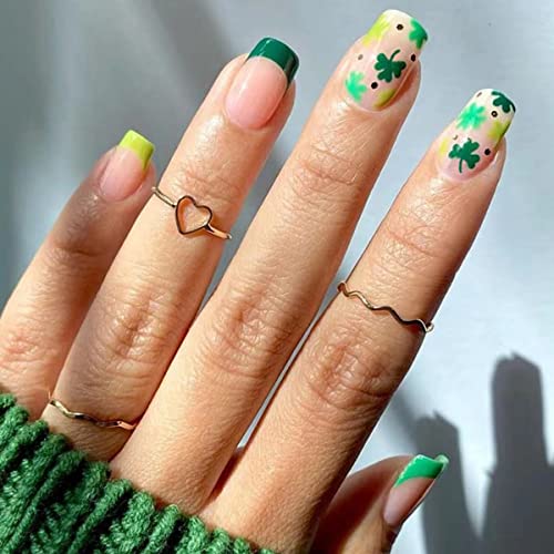 St. Patrick\'s Day Press on Nails Shamrocks Fake Nails Short Square Design False Nails with Green Leaf Stick on Nails French Full Cover Fake Nails Almond Artificial Acrylic Nails for Women Girls 24Pcs
