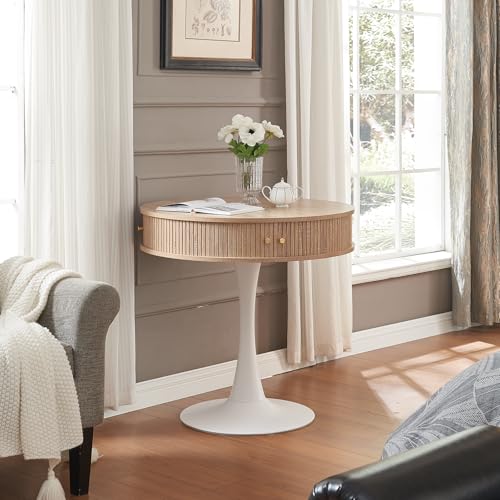 XAWXAW Oak 31.5\" Round Pedestal Table with Hidden Storage | Faux Woodgrain Tabletop, 2 Sliding Doors, White Metal Pedestal Base for Kitchen & Cafe