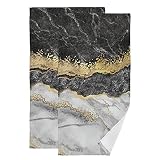 ZOEO Black Gray Marble Hand Towel Set of 2 Abstract Gold Splash Face Towels Cotton Soft Absorbent Lu