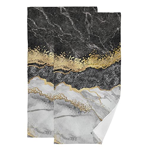 Zoeo Black Gray Marble Hand Towel Set Of 2 Abstract Gold Splash Face Towels Cotton Soft Absorbent Luxury Kitchen Dishcloth Washcloths For Bathroom Kids 28.3 X 14.4 Inch Home Gym Hotel Spa Yoga Sport #TOP7