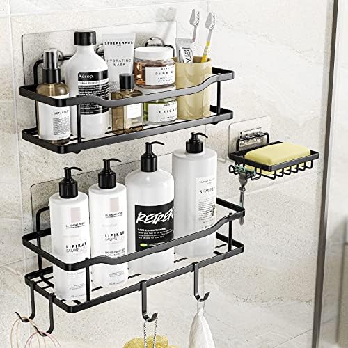 OMAIRA Shower Caddy /Organizer Adhesive Shower Shelf, Rustproof No Drilling SUS304 Stainless Steel for Kitchen Bathroom Shower Storage, Black, 3 Pack