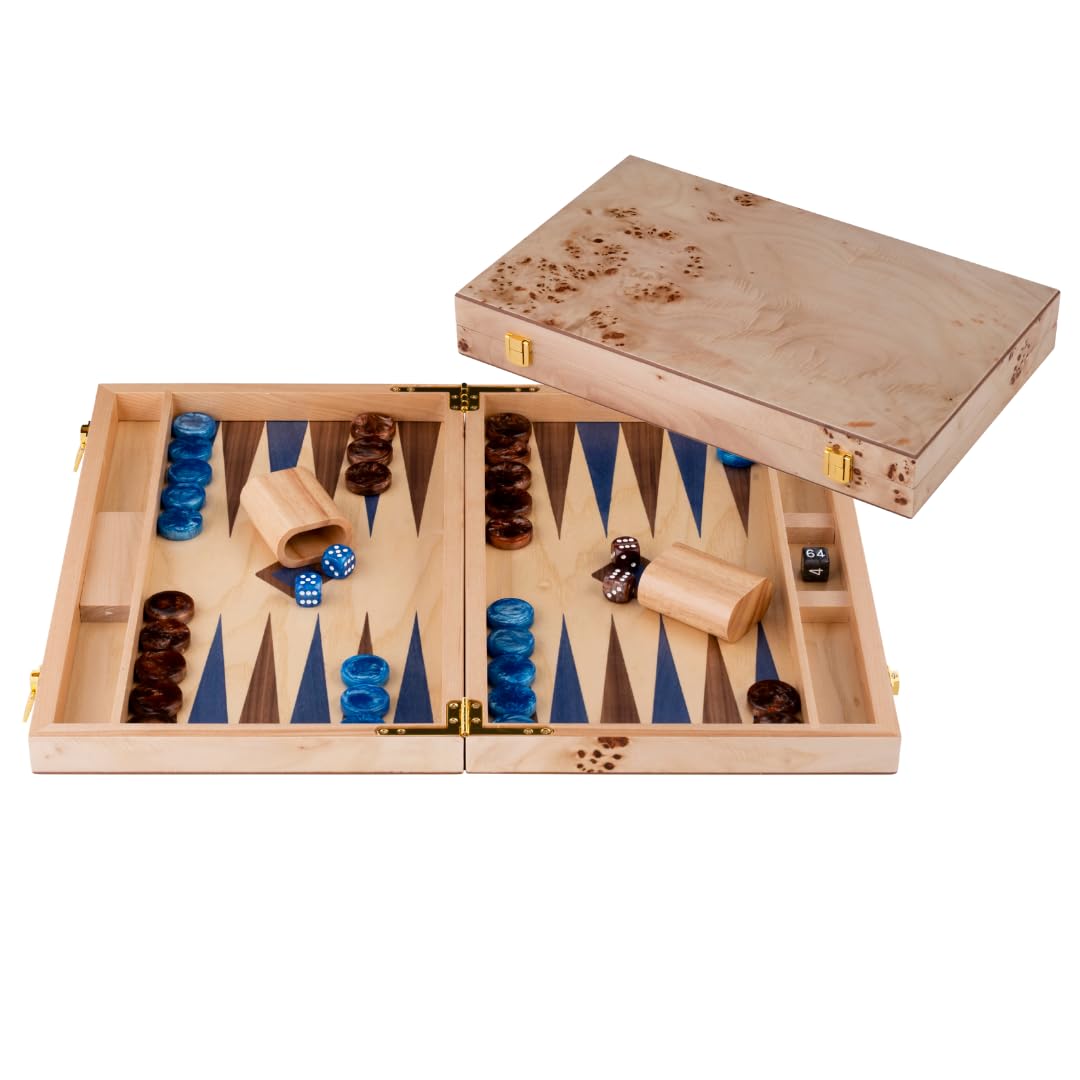 Engelhart-250553 – Backgammon Wooden 18 Inch (45.5 cm) Luxury Burl Wood Case Walnut Inlay – Open 52 × 45.5 cm – Blue/Brown Pieces – Dice & Cups – Strategy Board Game