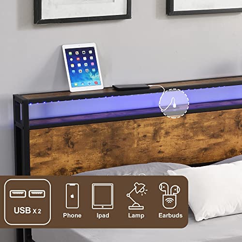 Anwick Modern Industrial Full Bed Frame With Led Lights And 2 Usb Ports Headboard Industrial Metal Platform Bed With 2-Tier Storage Wooden Headboard, Noise-Free, No Box Spring Needed (Full) #TOP3