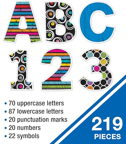 Image of Carson Dellosa 219-Piece 4 Inch Colorful Chalkboard Cutout Letters for Bulletin Boards, Numbers, Punctuation & Symbols, Multi-Pattern Bulletin Board Letters, Classroom Letters for Bulletin Board