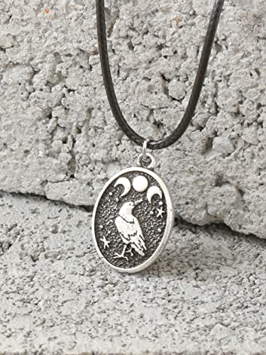 Haquil Raven Necklace, Wiccan Raven Triple Moon Goddess Charm Pendant Faux Leather Cord, Raven Jewelry Gift #TOP6