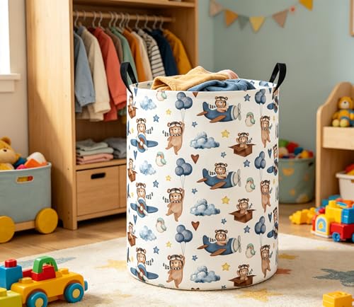 Image of Baby Laundry Hamper Basket Baby Hamper for Nursery Boy and Girl Cute Storage Bin Organizer Boho Room Decor(Bear Pilot)