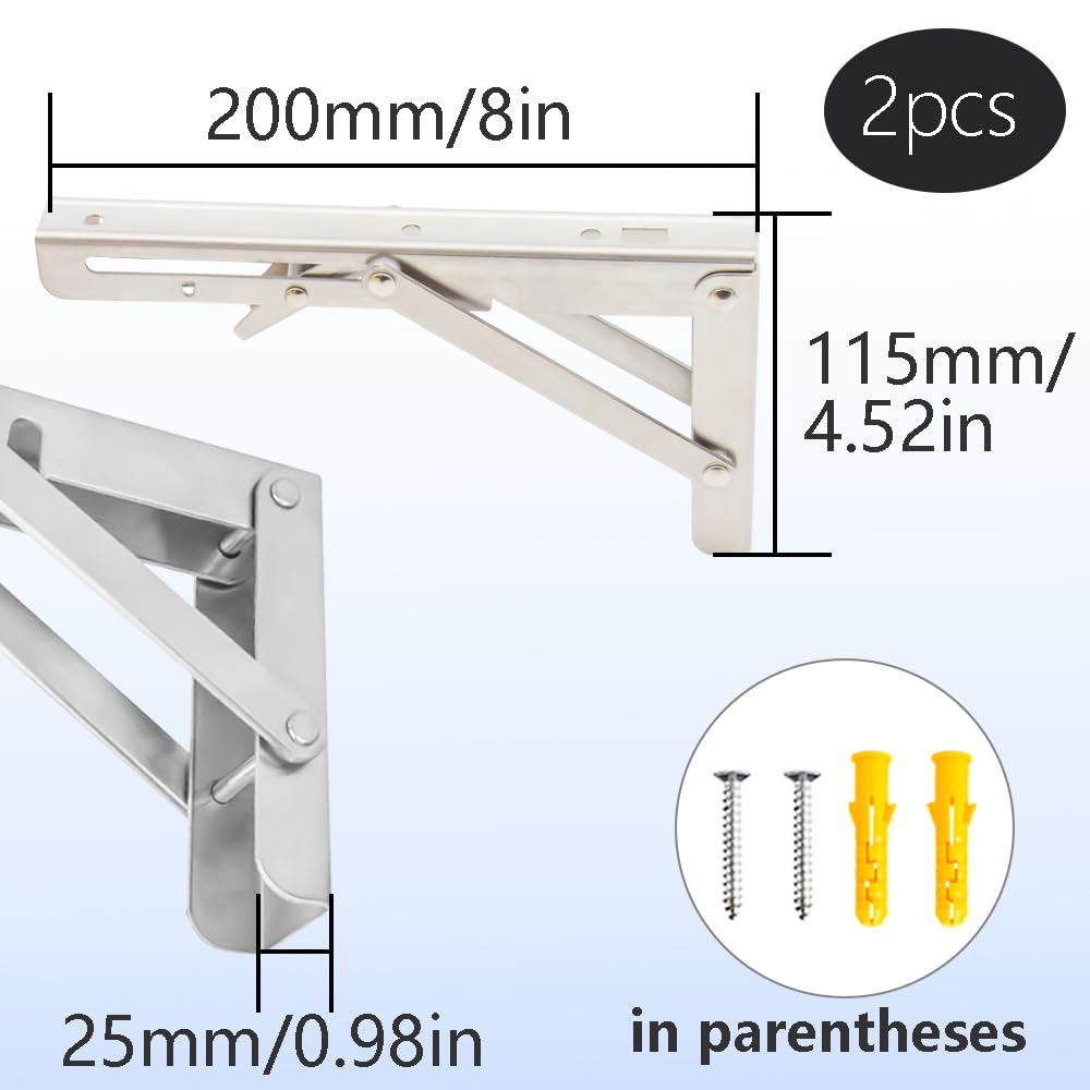 Hocansen 2Pcs Stainless Steel Foldable Brackets L Shelf Collapsible Brackets Silver Wall Mounted Shelf Bracket Max Load 132 lb Collapsible Shelf Bracket for Table Bookcase (ZDJ/Silver 200mm) - Image 2