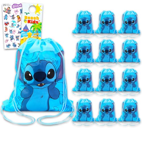 Disney Stitch Party Favor Bags Set - Bundle with 12 Stitch Drawstring Bags for Kids Plus Stickers More Birthday Party Supplies Pack