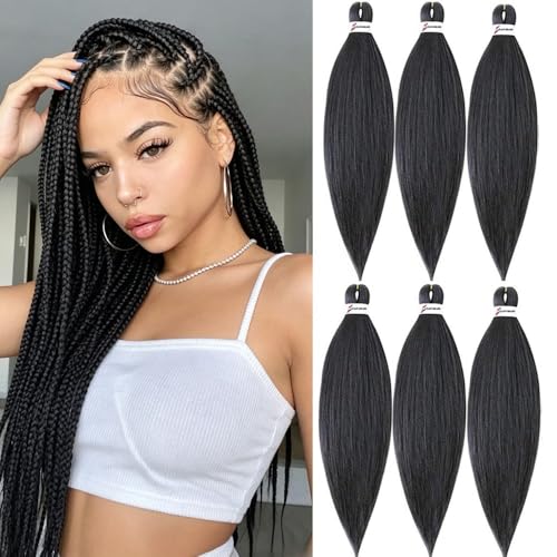 MSBELLE 6 Packs/Lot Pre Stretched Braiding hair 26 Inch Ombre Braiding Hair Extensions Hot Water Setting Crochet Synthetic Braids Hair Black(1#)