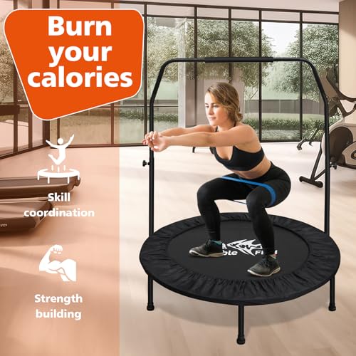 40/48 Inch Foldable Fitness Trampoline – Adjustable Foam Handle, Quiet Stable Rebounder for Home Gym, Kids & Adults – Indoor/Outdoor Exercise Equipment (Black, 48 Inch)