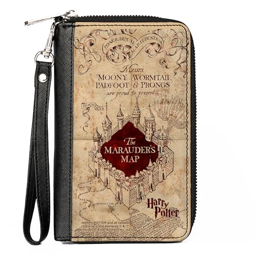 Buckle-Down The Wizarding World of Harry Potter Wallet, Zip Around, Hogwarts School The Marauders Map Tan Reds, Vegan Leather
