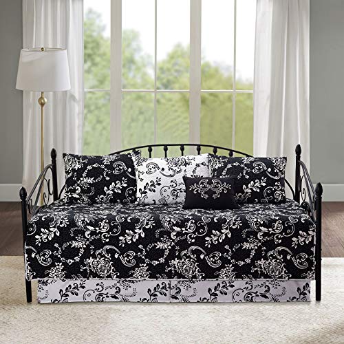 Home Soft Things La Boheme Black White 6 Piece Quilted Microfiber Daybed Bedding Cover Set 75" X 39" With Bedskirt, Pillow Shams, Decorative Pillow, Rustic Shabby Chic Lightweight Coverlet Quilt Set #TOP1