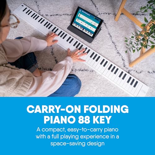 Carry-on 88 Key Folding Piano - Ultra-Portable and Full-Sized with 128 Voices and USB MIDI Connectivity - Travel Piano Keyboard Perfect for Practice, Travel, and Performances - White