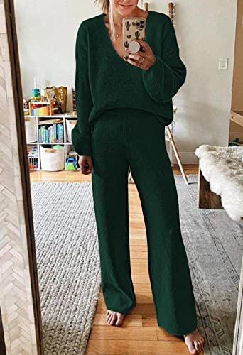 Image of Viottiset Women's 2 Piece Outfits Casual V Neck Knit Wide Leg Sweater Lounge Set Sweatsuit