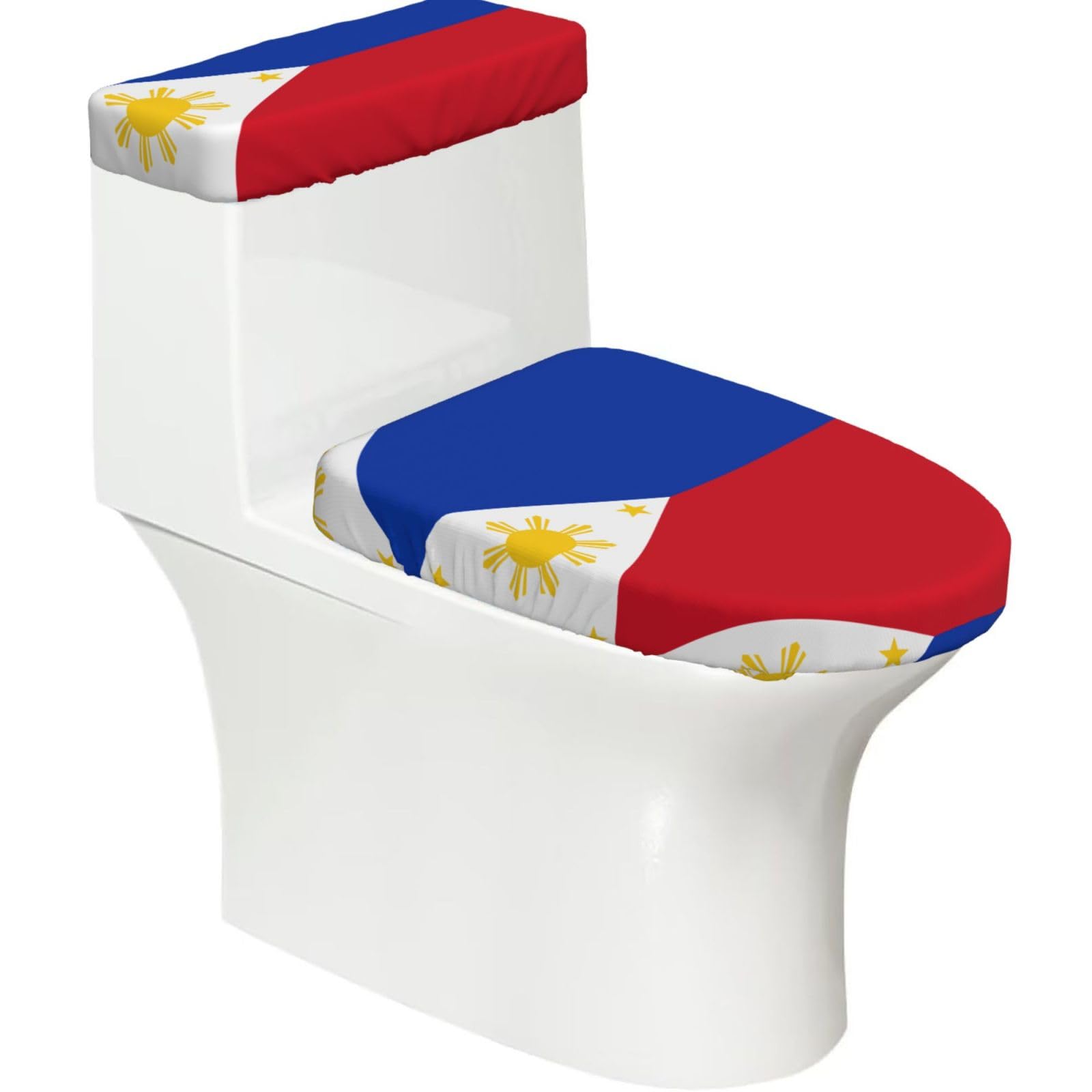 Philippine Flag Elastic Toilet Cover Set of 2-Stretchy Lid and Tank Covers for Bathroom, Soft Washable U Shape Toilet Decor