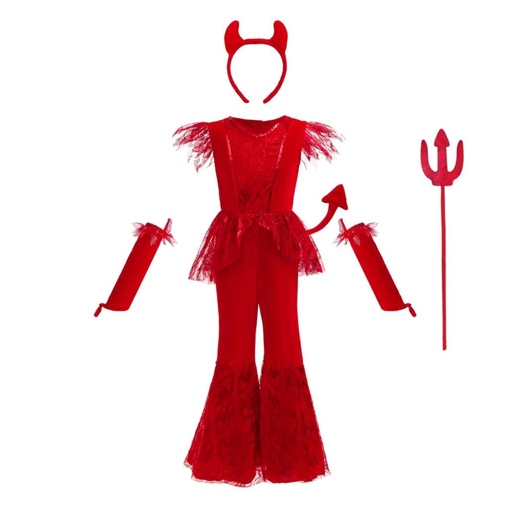 Lito Angels Girls Devil Costume Jumpsuit with Horns Headband and Trident, Flame Velvet Halloween Dress Up Hell Outfit Age 7-8 Years
