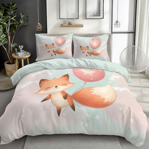 California King Duvet Cover Cartoon Fox Balloon Cal King Bedding Duvet Cover Set, 3 Pieces, Soft and Breathable Comforter Cover with 2 Pillow Shams, for All Season