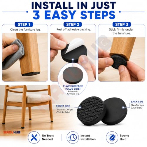 Image of MaruHub 18 Pcs Self Adhesive Furniture Pads 2.5 x 2.5 cm Round EVA Rubber Chair Leg Protectors, Floor Scratch Protector, Anti Slip Furniture Cushion Pads for Table, Sofa, Cabinet, Bed & Stool, Black