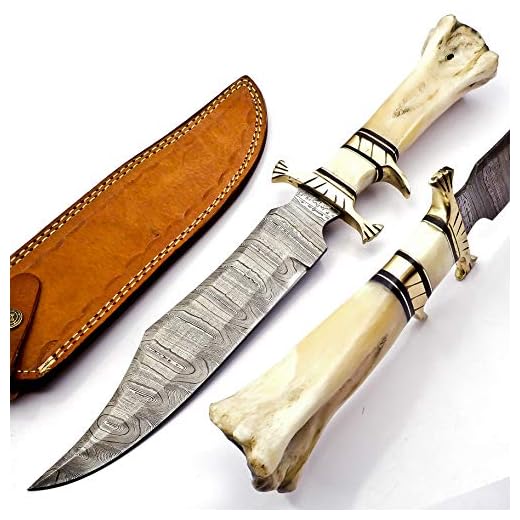 HandSmith 15" Handmade Damascus Steel Hunting Knife, Hand Forged Damascus Steel Fixed Blade Bowie Knife, Genuine Leather Sheath, Camel Bone Handle Firm Grip (White)
