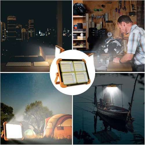 Image of Solar LED Work Light, 100W 10000 Lumens, 16500mAh Battery, IP66 Waterproof Portable Floodlight with USB Charging, for Camping, Hurricane, Garage, Emergency