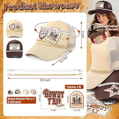 Image of Meneng Western Trucker Hat for Cowboy: Men Women Adjustable Snapback Caps with 8pcs Embroidered Patches and a Chain