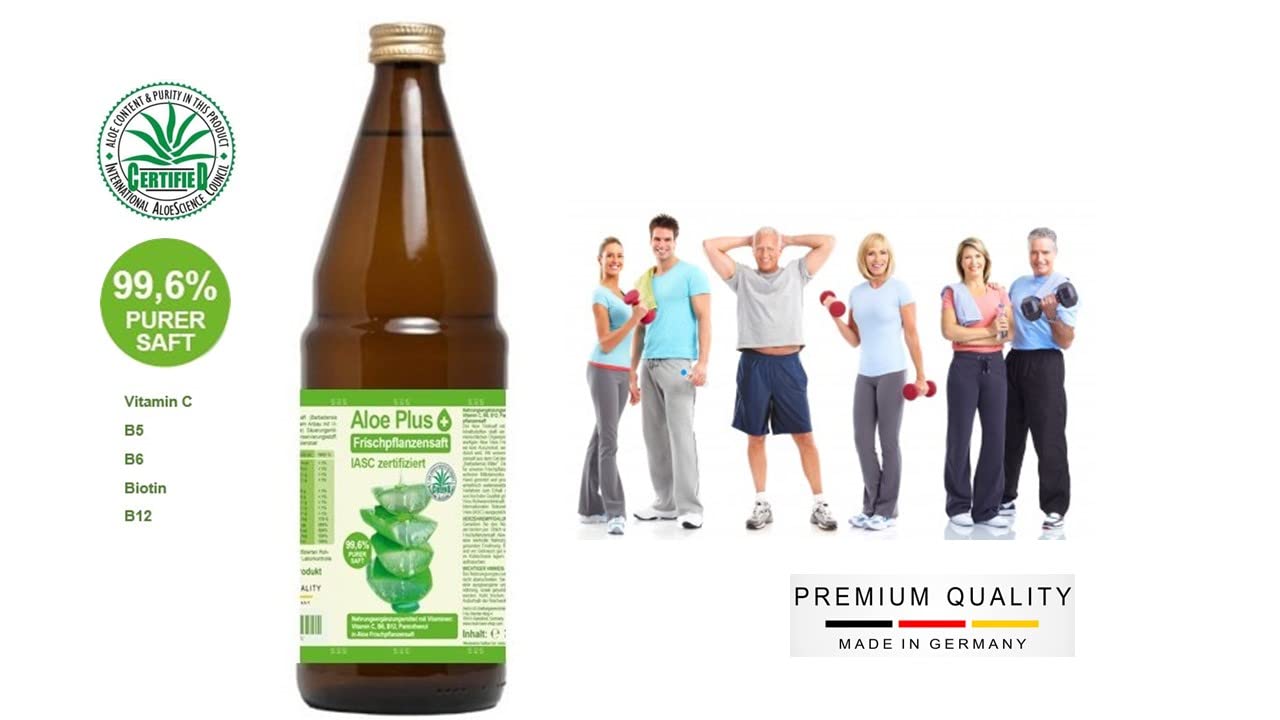 Aloe Vera, PURER SAFT 99.6% | IASC zertifiziert, 750ml | mit Vitamin C, B5, B6, Biotin, B12 | Nahrungsergänzung, Premium Qualität | in einer GLASFLASCHE (nicht Plastikflasche)