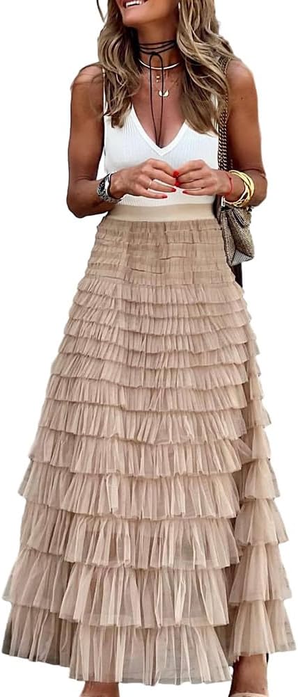 Long Tulle Skirt for Women Trendy High Waisted A Line Fluffy Fairy Mesh Layered Ruffle Skirt