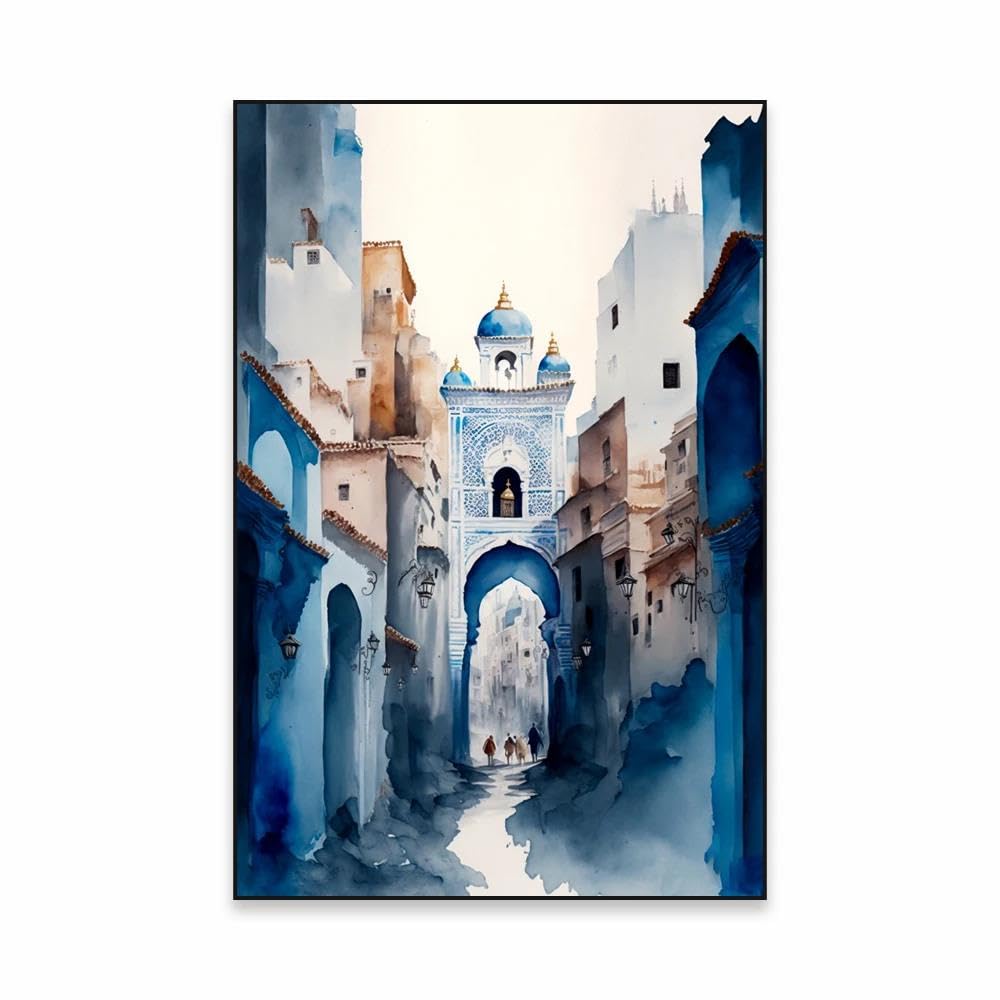 Baibexing Blue Moroccan Door Art Poster Landscape Print Boho Canvas Painting Watercolor Nature Art Canvas Prints Islamic Minimalist Decor A3 60X90Cm Sin Marco