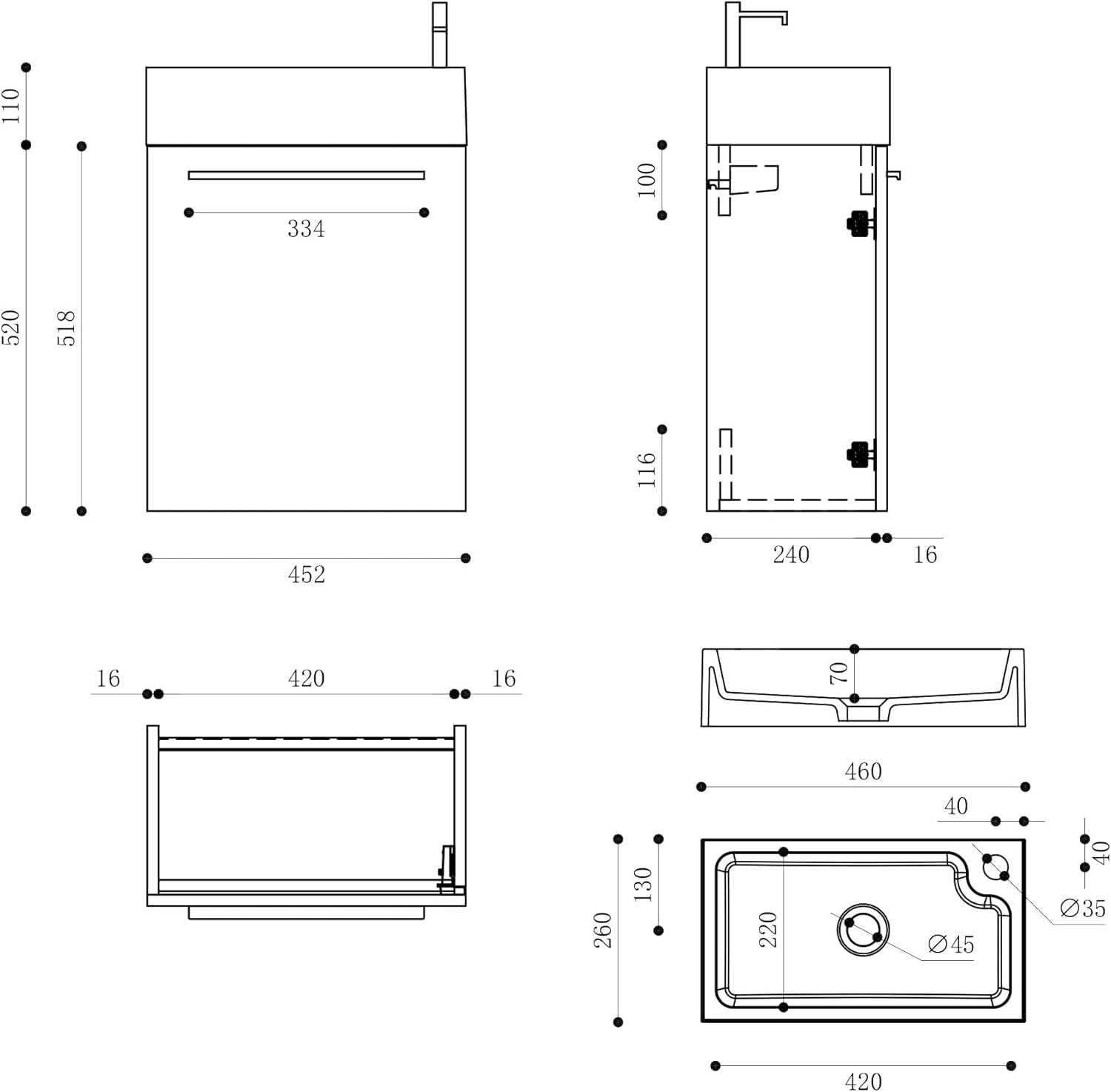 Mai & Mai Mobile Bagno Sospeso46x26x63cm con Lavabo, Bianco opaco | Set Mobile da Bagno con Cassetto Bianco opaco, Lavabo da Minerale fuso in Antracite opaco, Seria Pisa