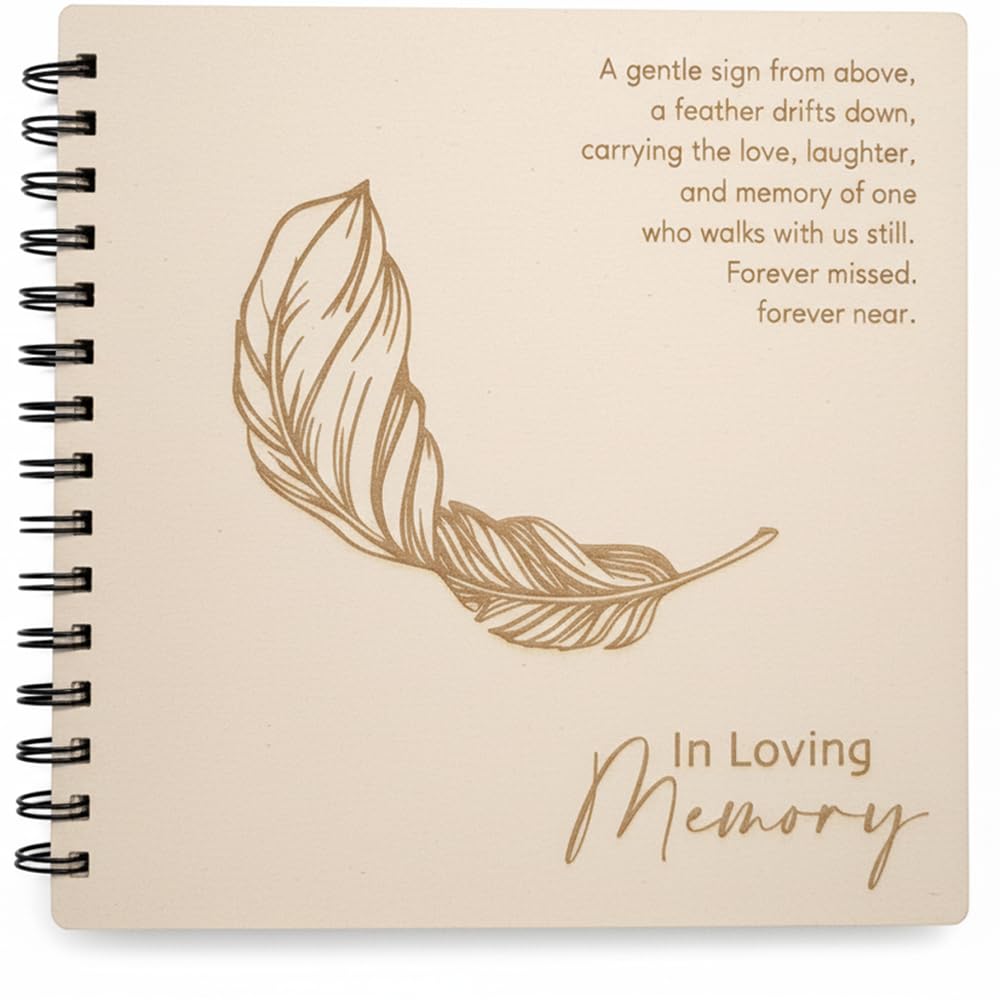 Handbound Memorial Memory Book & Condolence Guest Book for Funeral – Engraved Feather Design