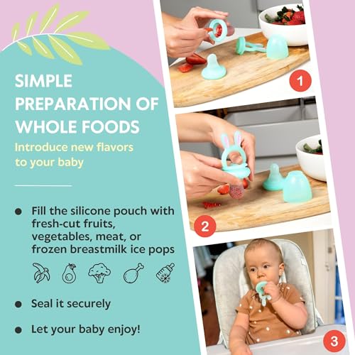 Image of Vesta Baby Fruit Feeder - 2 Sizes Soft Silicone Freezable Fresh Food Nibbler for Safe Infant Self Feeding - Solid Foods Weaning Pacifier & Teether Set - Bunny Teething Relief Toy for Babies 4M+