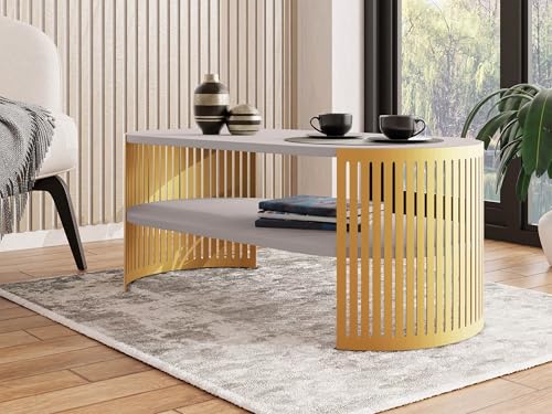 Mirjan24 Couchtisch mit Ablage Fahugin I, Ovale Form, Beine aus Metall, Kaffeetisch, Wohnzimmertische, Beistelltisch, Sofatisch, Teetisch (Cashmere, Gold) – Bild 3