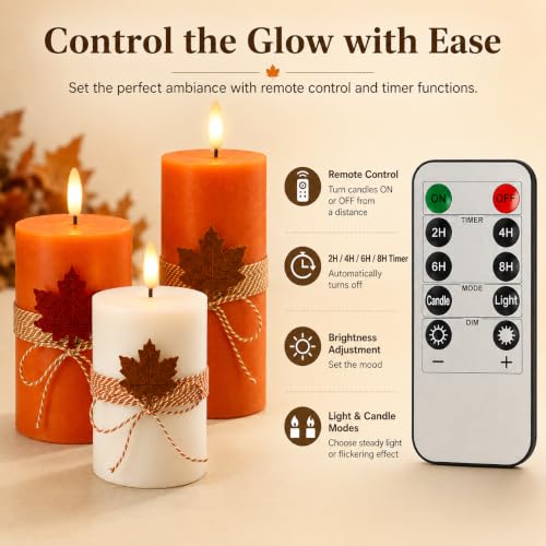 Image of Real Wax Flameless Candles 4 inch 5 inch 6 inch Set of 3 Indoor Outdoor Pillars Battery Operated Flickering Candles 3D Wick with Remote for Fall Decor Thanksgiving Day