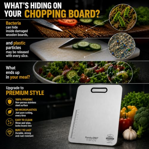Image of Peedika24X7 Premium Stainless Steel Chopping Board Medium with Free Knife, Heavy Duty Rust Proof Vegetable Cutting Board, Reversible Non Slip Metal Cutter for Meat & Vegetables, 35.5 x 25 cm