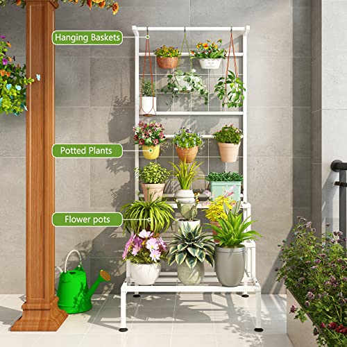 Sorcedas Plant Stand 3-Tier Hanging Shelves Flower Pot Organizer Multiple Flower Display Holder Indoor Outdoor Heavy Duty Potted Planter Rack Unit With Grid Panel For Living Room Balcony And Garden,White #TOP1