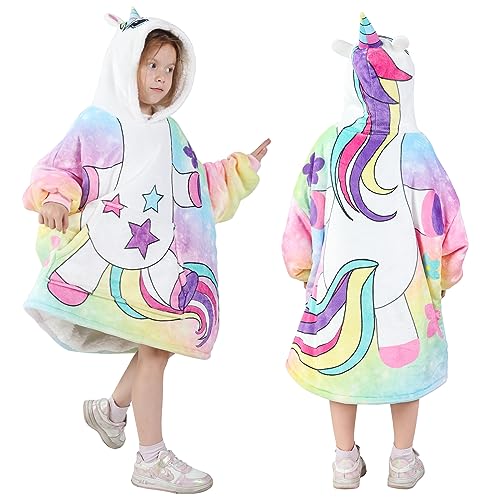 MIZZEO Kids Wearable Blanket Hoodie, Oversized Sherpa Wearable Blanket with Hood Pocket and Sleeves for Toddlers, Cute Hoodies 6-10 Year Old Girls Boys Youth Birthday Gifts