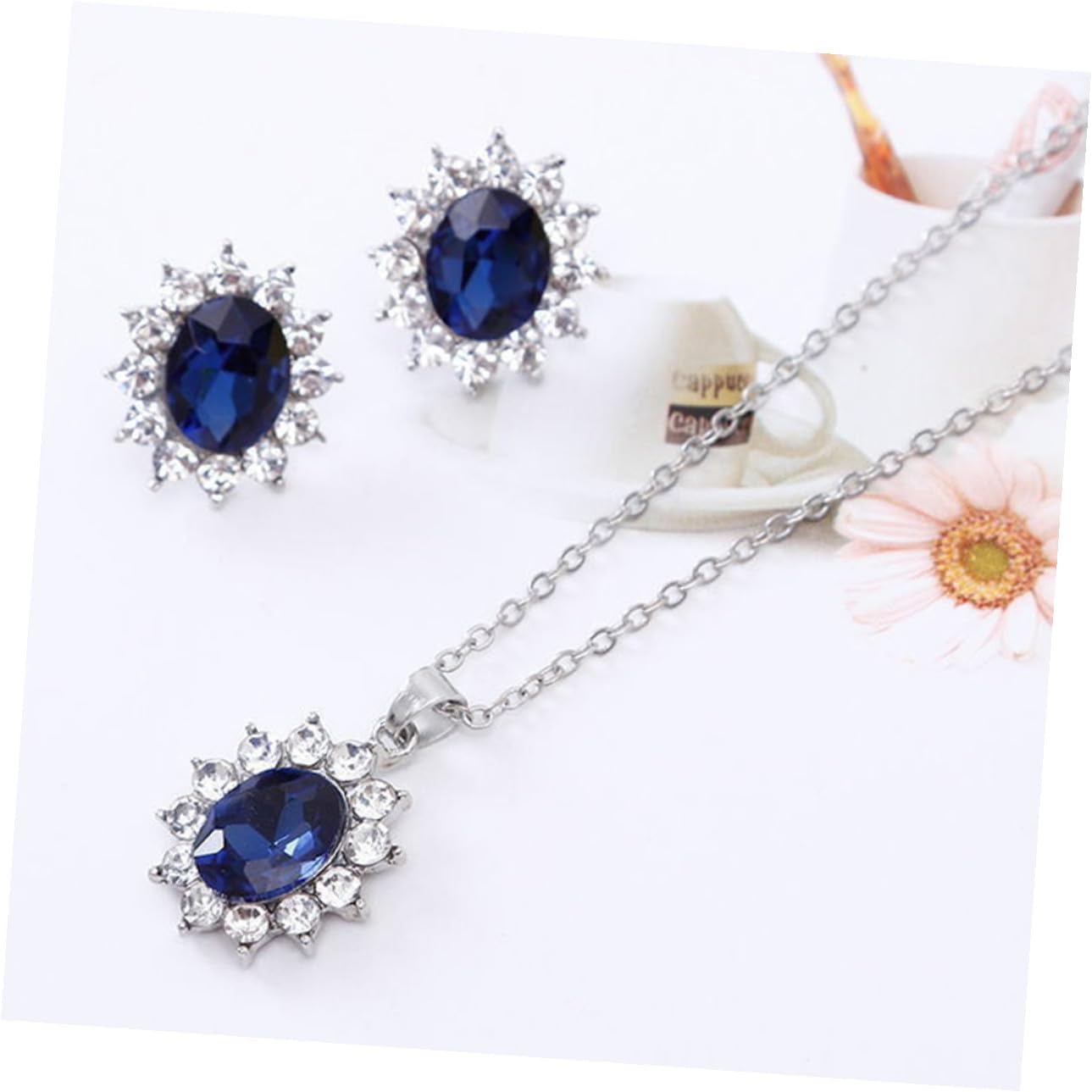 Women Sapphire Diamond Necklace Earring Set for Wedding Brides image 2