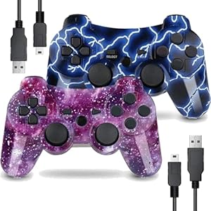 LeonDesigns P|S3 Gaming Controller, Kabelloses Move/Motion Controller Gamepad mit verbessertem Joystick Kompatibel mit P-S – 3 (Blauer Blitz und Roter Sternenhimmel)