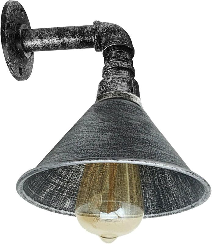 LEDSone Industrial Vintage Water Pipe Wall Light Conical Metal Lampshade in Brushed Silver with E27 Socket Steampunk Sconces Ideal for Farmhouse Bedroom Decoration Fixtures - Image 4