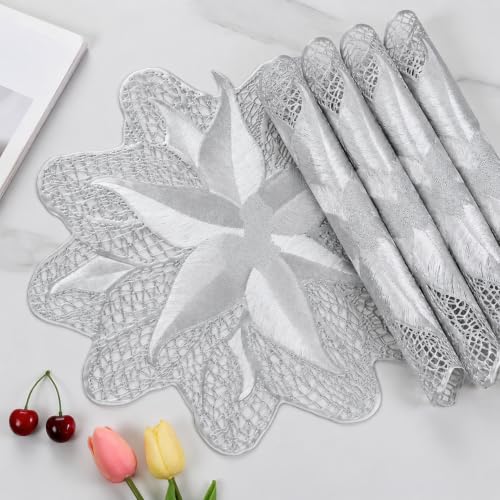 Image of Dakshya Industries Round Table Mats Set of 6 PVC Placemats for Dining Table Waterproof Heat Resistant Easy Clean, Silver