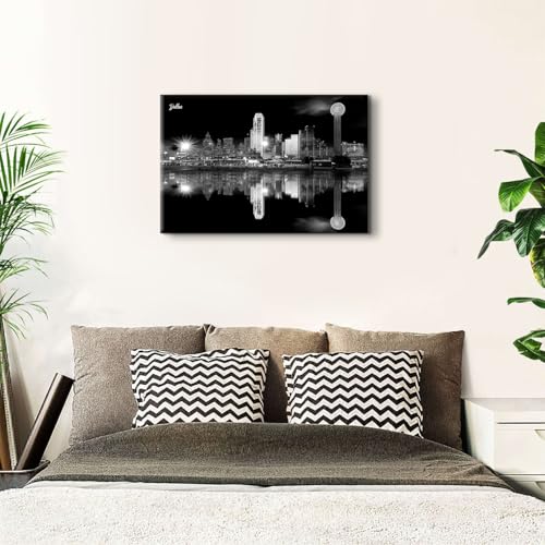 Image of Dallas City Landscape Canvas Wall Art Nature Texas Skyline Wall Decor Night View Pictures for Living Room Black and White Paintings Poster Modern Cityscape Landmarks Photography Prints Artwork 24x36 inch