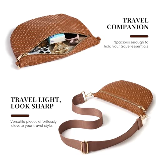 Image of Woven Crossbody Bags For Women, Checkered PU Waist Pack Travel Sling Bag | Adjustable Strap for Travel, Festivals, Beach Vacations, Dating & Daily Shopping (Brown)