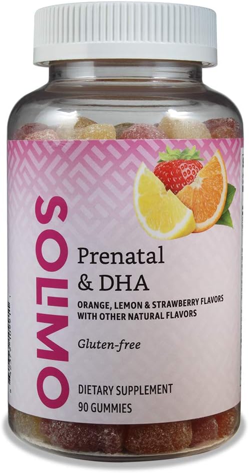 Amazon Brand - Solimo Women's Prenatal Vitamins & DHA - Pregnancy Wellness - Gummies (45-Day Supply), Lemon, Orange & Strawberry flavor, 90 Count (Pack of 1)