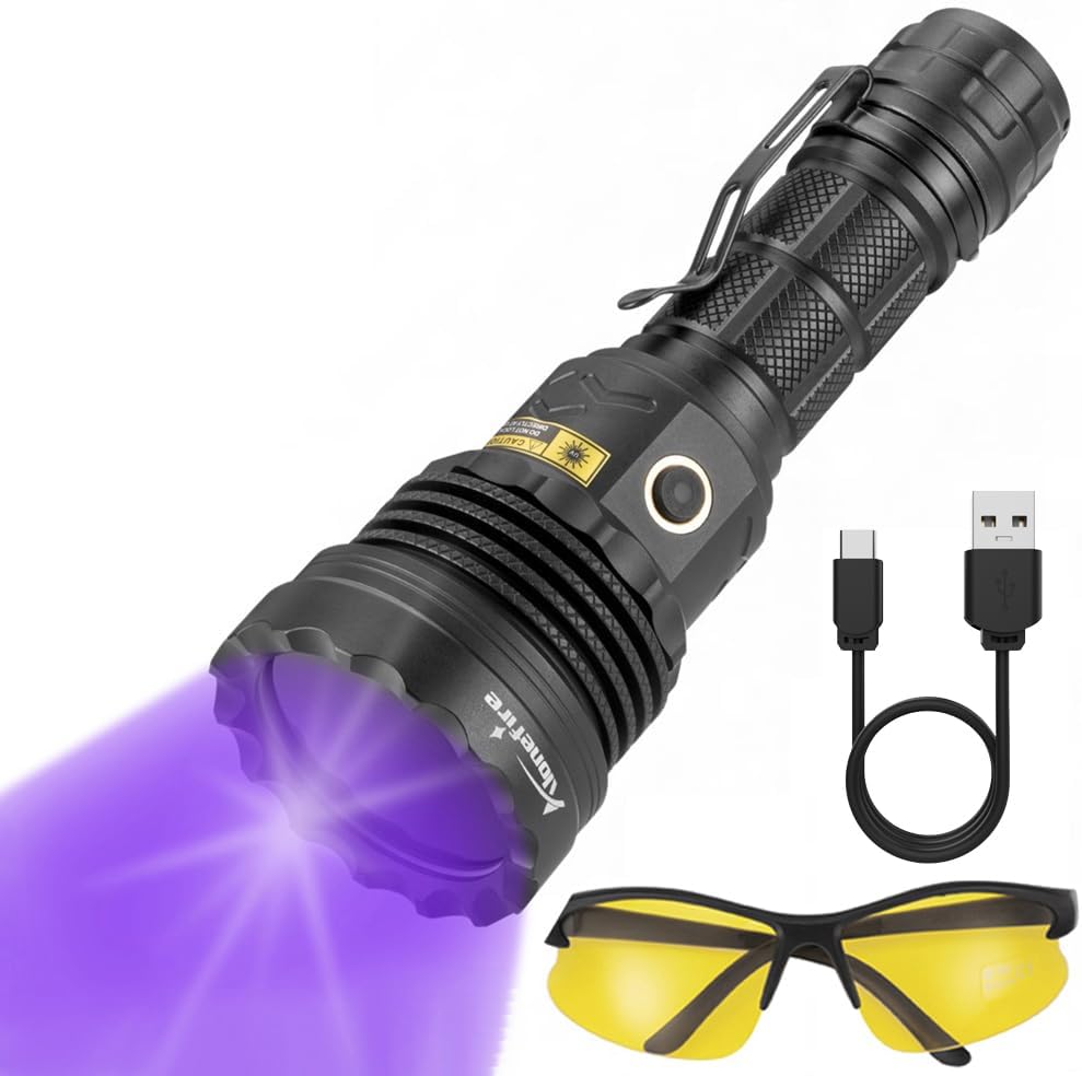 SV52 365nm UV Torch Flashlight 25W USB Rechargeable Black Light Pet Stain Urine Detector for Resin Curing, Scorpion, Fishing, Minerals, Dry Glue with UV Protective Glasses, Battery Included