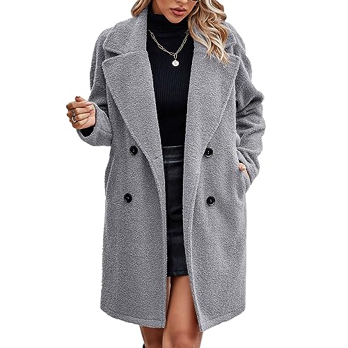 Yusat Abrigo de Invierno para Mujer con Cuello Vuelto, Doble Botonadura, Color, Casual, con Bolsillos Laterales (L)
