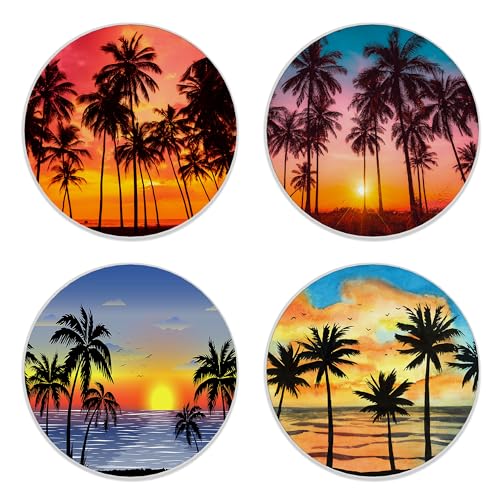 Losthll Coasters for Drinks, Set of 4 Absorbent Ceramic Coasters, Tropical Sunset Palm, Round, 4 Inches