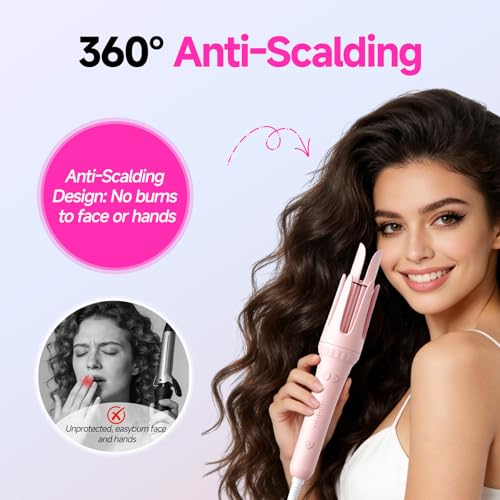 Image of Myhox Auto Curling Iron 1.25 inch, 4 Temp, Rotating Hair Curler for Beach Waves, Ceramic Curling Wand with Anti-Scald & Anti-Tangle for Long Hair, Dual Voltage, Pink