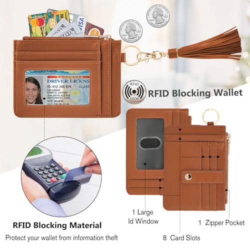 Image of KNGITRYI Wristlet Wallet for Women,RFID Keychain Wallet with Beaded Strap | 8 Card Slots,ID Window,Zipper Pocket,Leather Tassel,Compact Design
